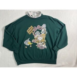 Basic Editions Pullover Sweatshirt Green Cat Floral Embroidered Women's L Knit